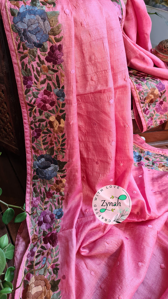 Zynah Made to Order Pure Tussar Silk Parsi Gara Handcrafted Saree; Custom Stitched/Ready-made Blouse, Fall, Petticoat; Shipping available USA, Worldwide