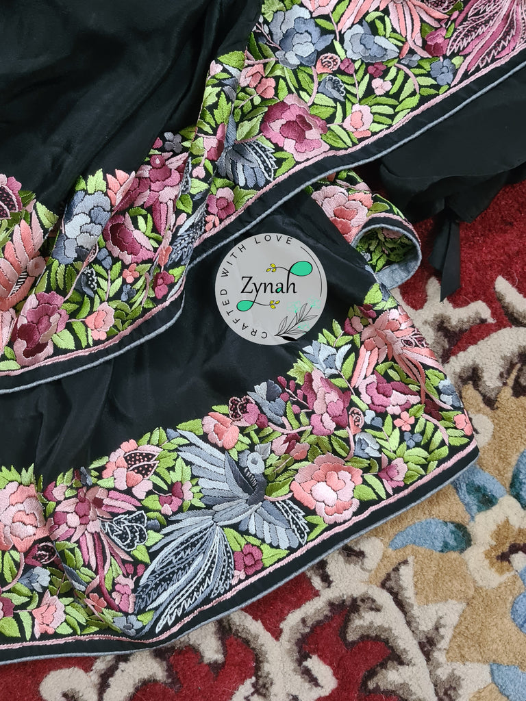 Zynah Made to Order Black Pure Crepe Silk Parsi Gara Handcrafted Saree; Custom Stitched/Ready-made Blouse, Fall, Petticoat; Shipping available USA, Worldwide