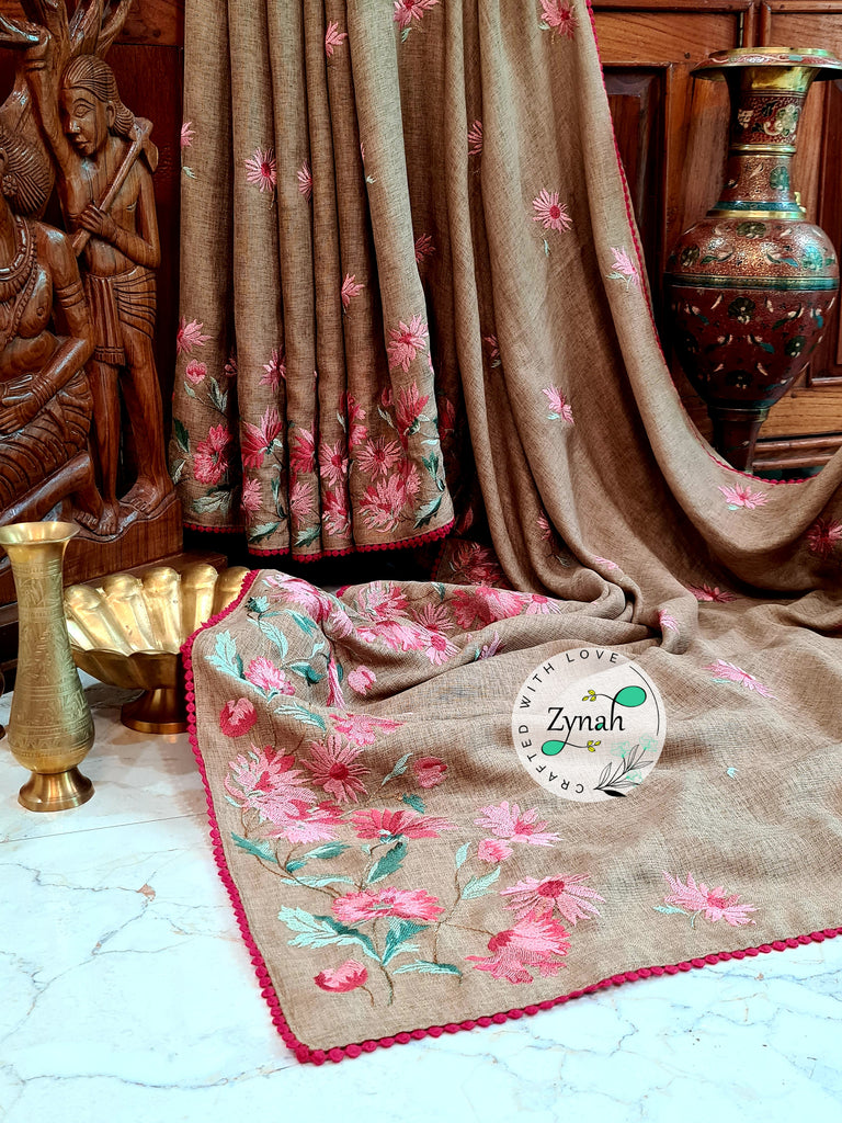 Zynah Pure Jute Muslin Embroidery Saree with Crochet lace; Custom Stitched/Ready-made Blouse, Fall, Petticoat; Shipping available USA, Worldwide