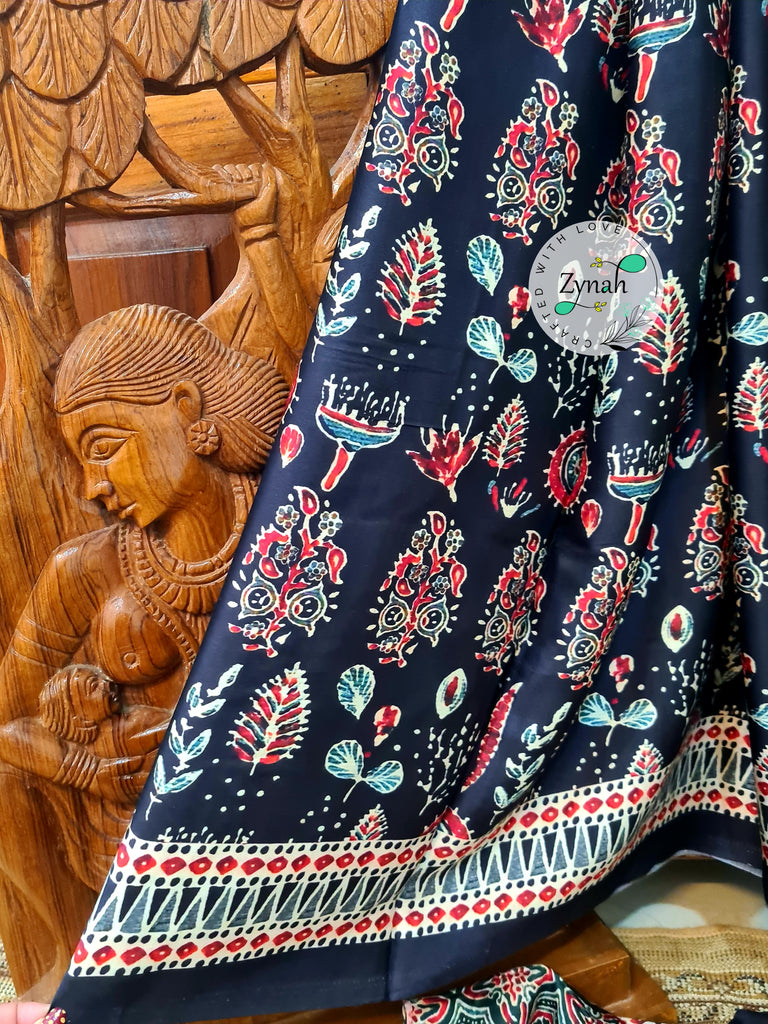 Zynah Pure Gajji Silk Ajrakh Saree with tissue zari pallu & Handblock Printed; Custom Stitched/Ready-made Blouse, Fall, Petticoat; Shipping available USA, Worldwide