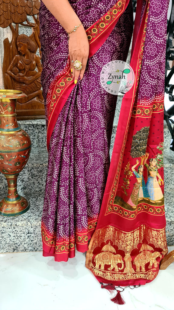 Zynah Pure Gajji Silk Saree with Bandhani & Pichwai Prints, Amdavadi Pallu; Custom Stitched/Ready-made Blouse, Fall, Petticoat; Shipping available USA, Worldwide