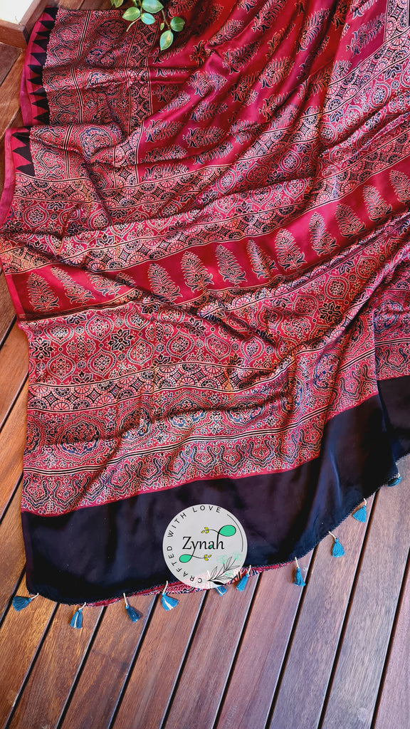 Zynah Pure Modal Silk Ajrakh Saree with Handblock Prints; Custom Stitched/Ready-made Blouse, Fall, Petticoat; Shipping available USA, Worldwide