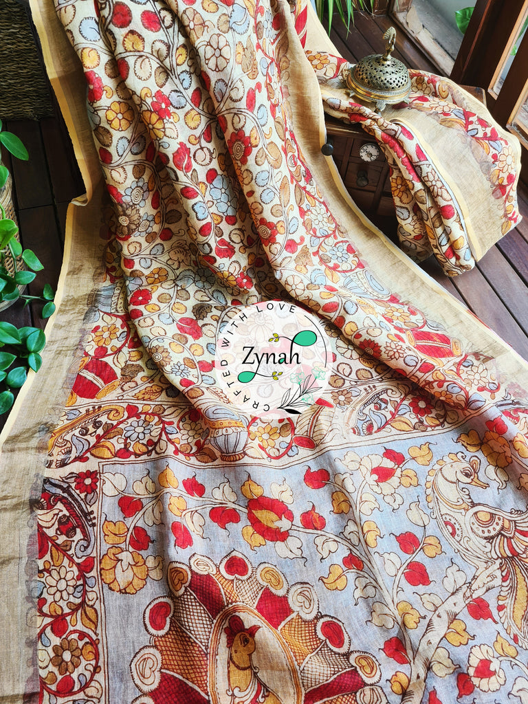 Zynah Kalamkari Organic Lab Tested 120 Count pure 'Linen by Linen' Saree; Custom Stitched/Ready-made Blouse, Fall, Petticoat; Shipping available USA, Worldwide