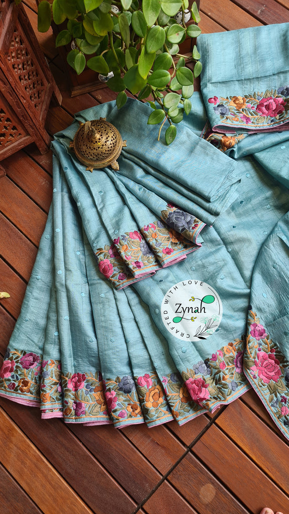 Zynah Made to Order Pure Tussar Silk Parsi Gara Handcrafted Saree; Custom Stitched/Ready-made Blouse, Fall, Petticoat; Shipping available USA, Worldwide