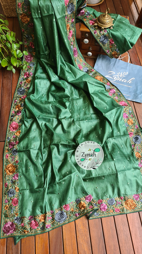 Zynah Made to Order Pure Tussar Silk Parsi Gara Handcrafted Saree; Custom Stitched/Ready-made Blouse, Fall, Petticoat; Shipping available USA, Worldwide