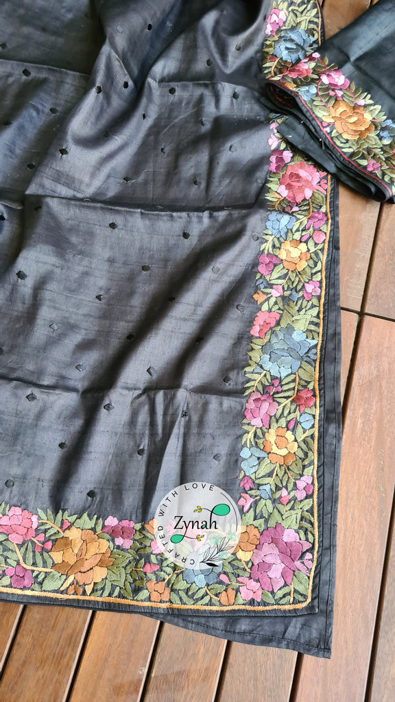 Zynah Made to Order Pure Tussar Silk Parsi Gara Handcrafted Saree; Custom Stitched/Ready-made Blouse, Fall, Petticoat; Shipping available USA, Worldwide
