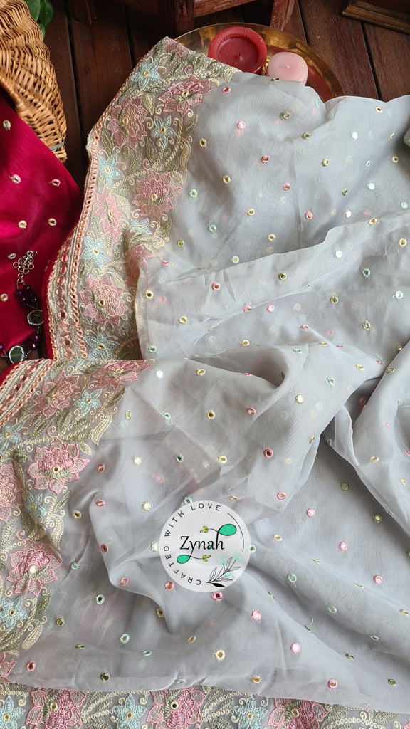 Zynah Pure Organza Silk Saree with Foil Mirror Work & Thread Embroidery; Custom Stitched/Ready-made Blouse, Fall, Petticoat; Shipping available USA, Worldwide