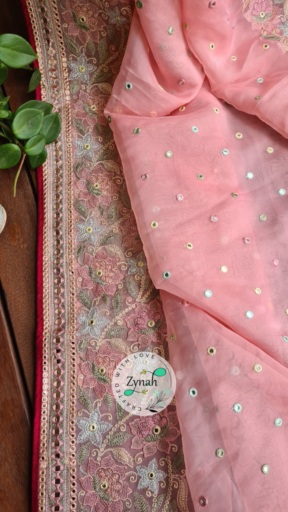 Zynah Pure Organza Silk Saree with Foil Mirror Work & Thread Embroidery; Custom Stitched/Ready-made Blouse, Fall, Petticoat; Shipping available USA, Worldwide