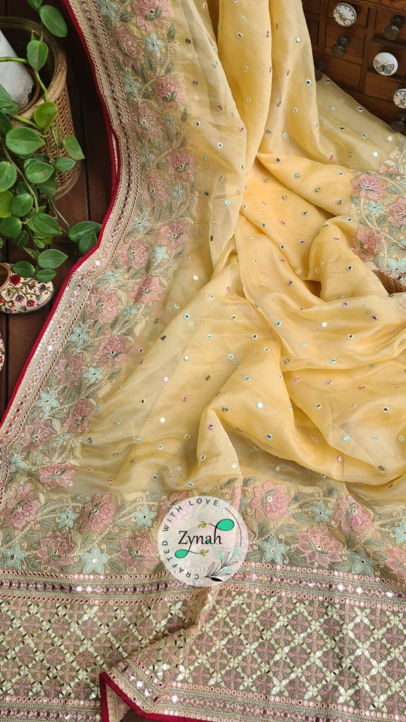 Zynah Pure Organza Silk Saree with Foil Mirror Work & Thread Embroidery; Custom Stitched/Ready-made Blouse, Fall, Petticoat; Shipping available USA, Worldwide