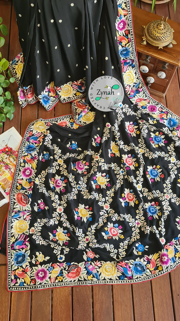 Zynah Pure Crepe Silk Parsi Gara Handcrafted Saree; Custom Stitched/Ready-made Blouse, Fall, Petticoat; Shipping available USA, Worldwide