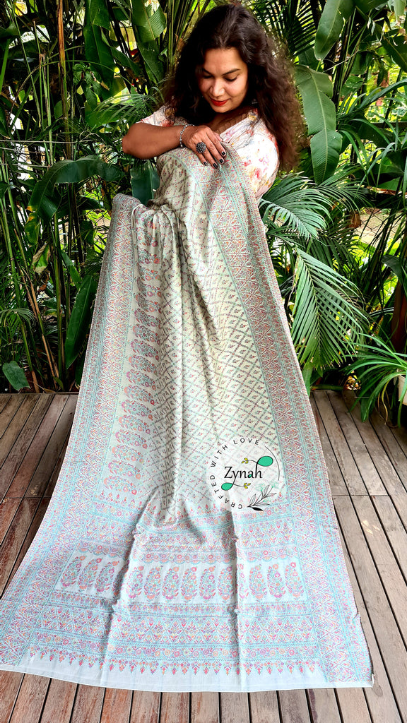 Zynah Pure Silk Kani Jamawar Style Saree with Grand Pallu & Border; Custom Stitched/Ready-made Blouse, Fall, Petticoat; Shipping available USA, Worldwide