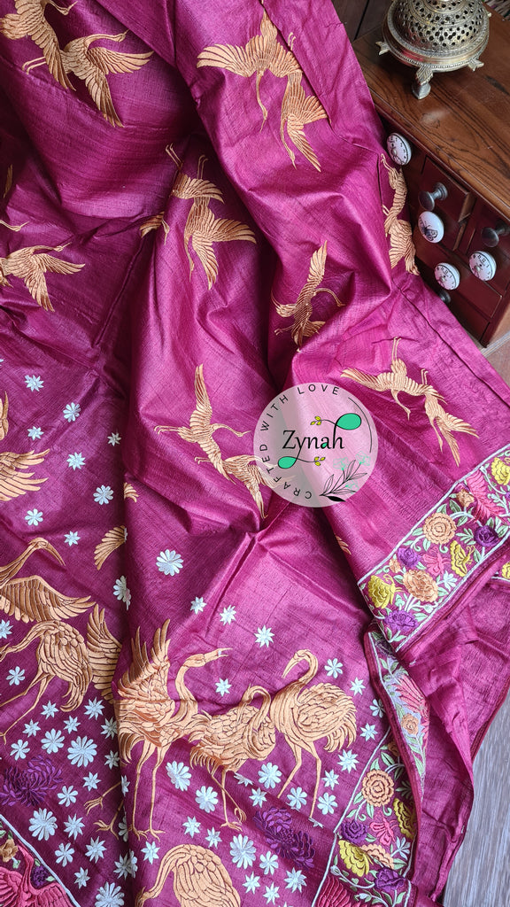 Zynah Pure Tussar Silk Parsi work Inspired Saree, Flamingo Bird Motifs; Custom Stitched/Ready-made Blouse, Fall, Petticoat; Shipping available USA, Worldwide