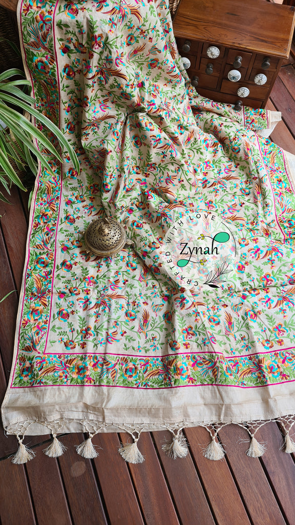 Zynah Pure Tussar Silk Parsi work Inspired Saree, Flamingo Bird Motifs; Custom Stitched/Ready-made Blouse, Fall, Petticoat; Shipping available USA, Worldwide