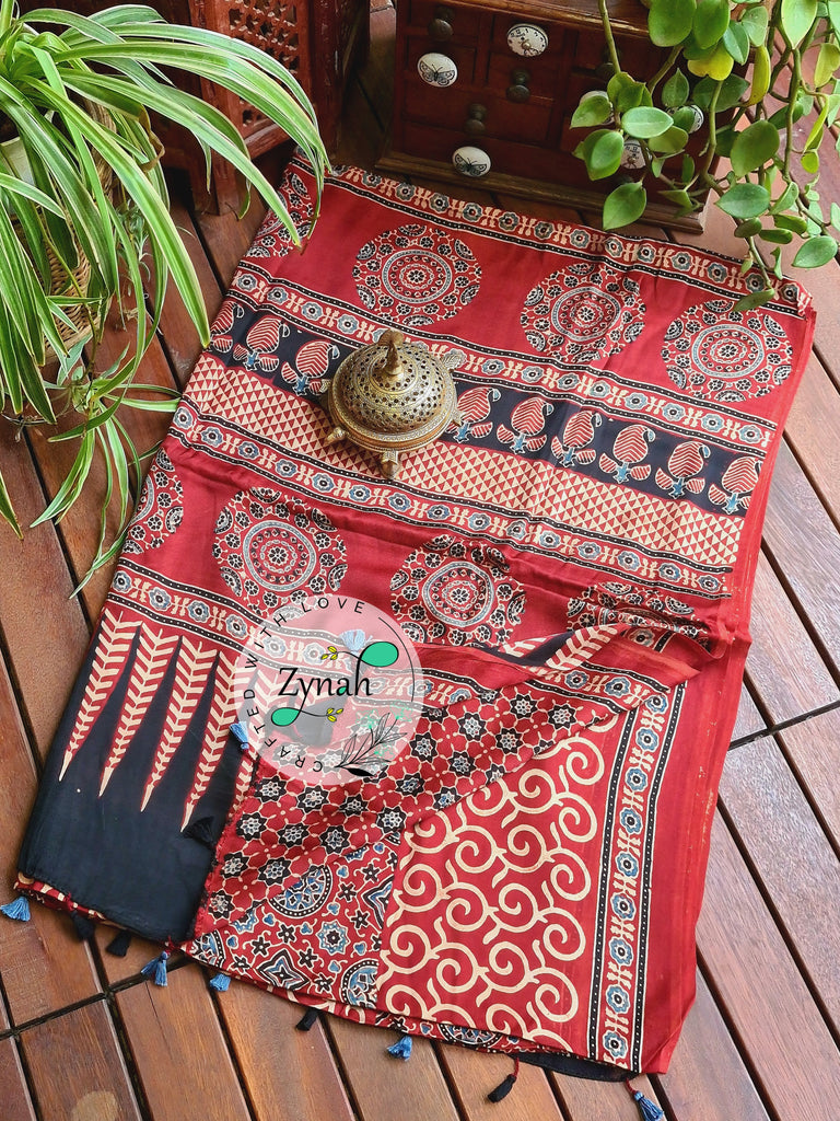 Zynah Pure Modal Silk Ajrakh Saree with Handblock Prints; Custom Stitched/Ready-made Blouse, Fall, Petticoat; Shipping available USA, Worldwide