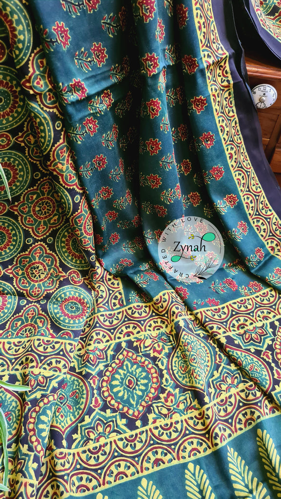 Zynah Pure Modal Silk Ajrakh Saree with Handblock Prints; Custom Stitched/Ready-made Blouse, Fall, Petticoat; Shipping available USA, Worldwide