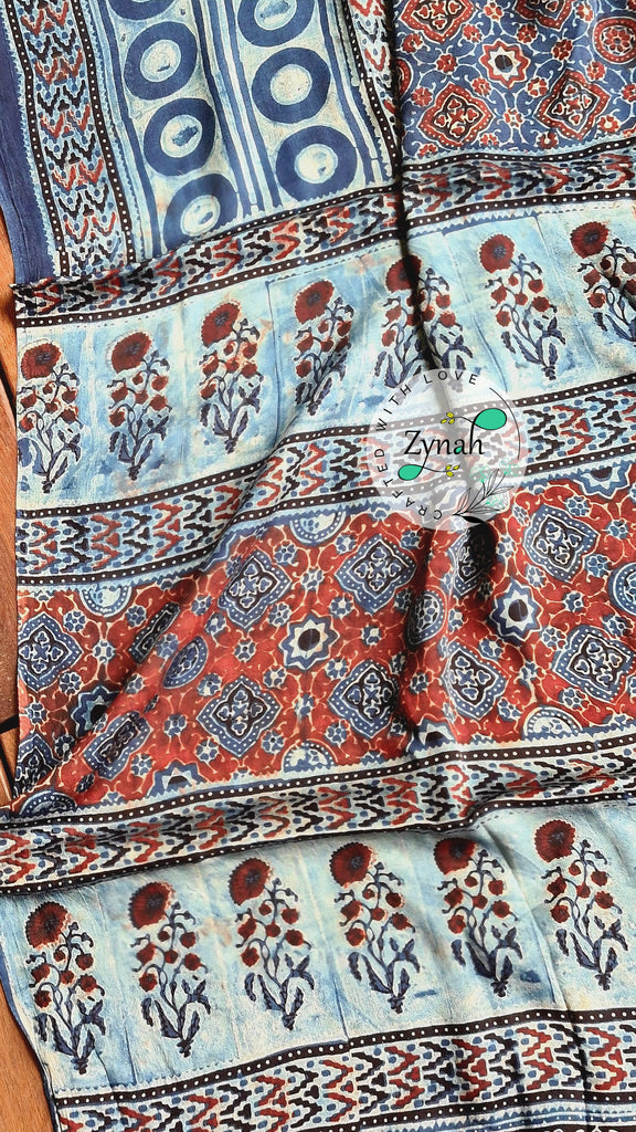 Zynah Pure Modal Silk Ajrakh Saree with Handblock Prints; Custom Stitched/Ready-made Blouse, Fall, Petticoat; Shipping available USA, Worldwide