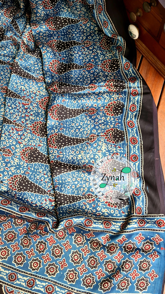 Zynah Pure Modal Silk Ajrakh Saree with Handblock Prints; Custom Stitched/Ready-made Blouse, Fall, Petticoat; Shipping available USA, Worldwide