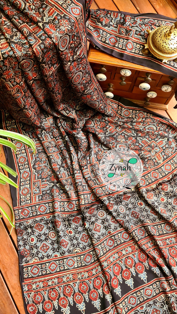 Zynah Pure Modal Silk Ajrakh Saree with Handblock Prints; Custom Stitched/Ready-made Blouse, Fall, Petticoat; Shipping available USA, Worldwide