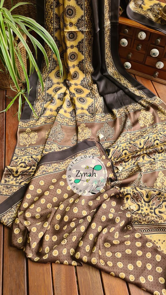Zynah Pure Modal Silk Ajrakh Saree with Handblock Prints; Custom Stitched/Ready-made Blouse, Fall, Petticoat; Shipping available USA, Worldwide