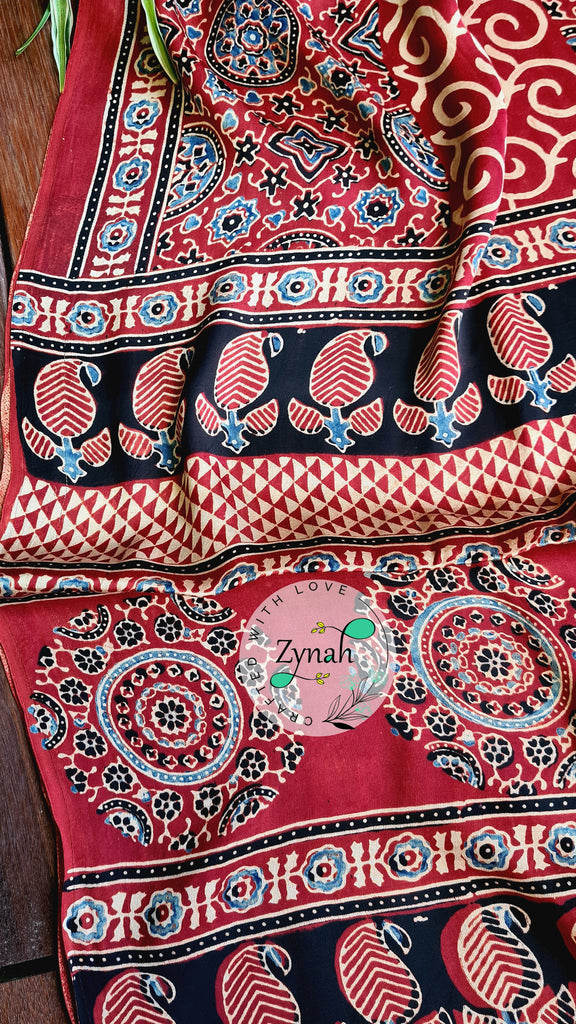 Zynah Pure Modal Silk Ajrakh Saree with Handblock Prints; Custom Stitched/Ready-made Blouse, Fall, Petticoat; Shipping available USA, Worldwide