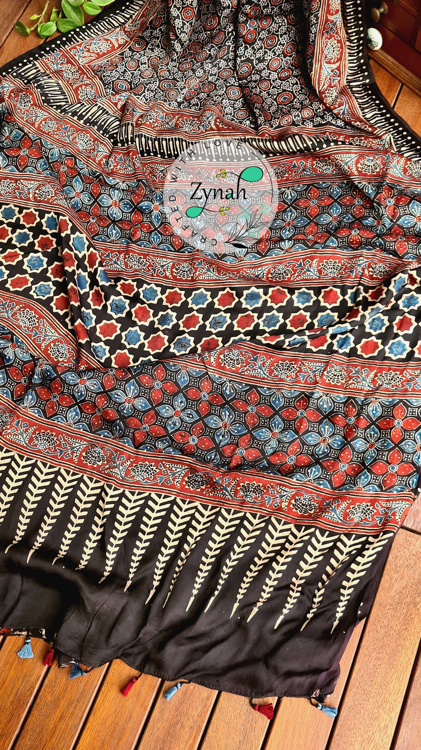Zynah Pure Modal Silk Ajrakh Saree with Handblock Prints; Custom Stitched/Ready-made Blouse, Fall, Petticoat; Shipping available USA, Worldwide