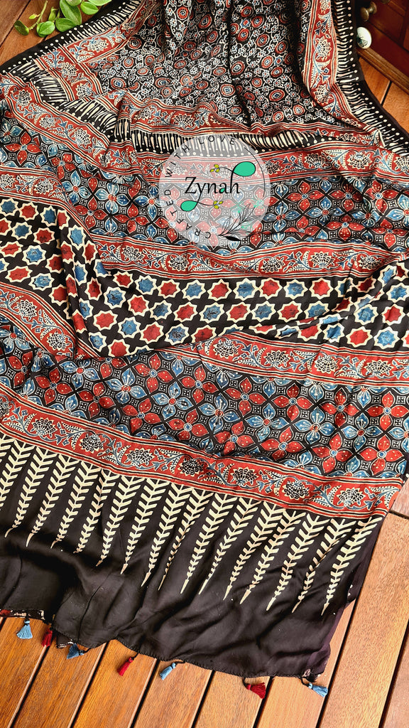 Zynah Pure Modal Silk Ajrakh Saree with Handblock Prints; Custom Stitched/Ready-made Blouse, Fall, Petticoat; Shipping available USA, Worldwide