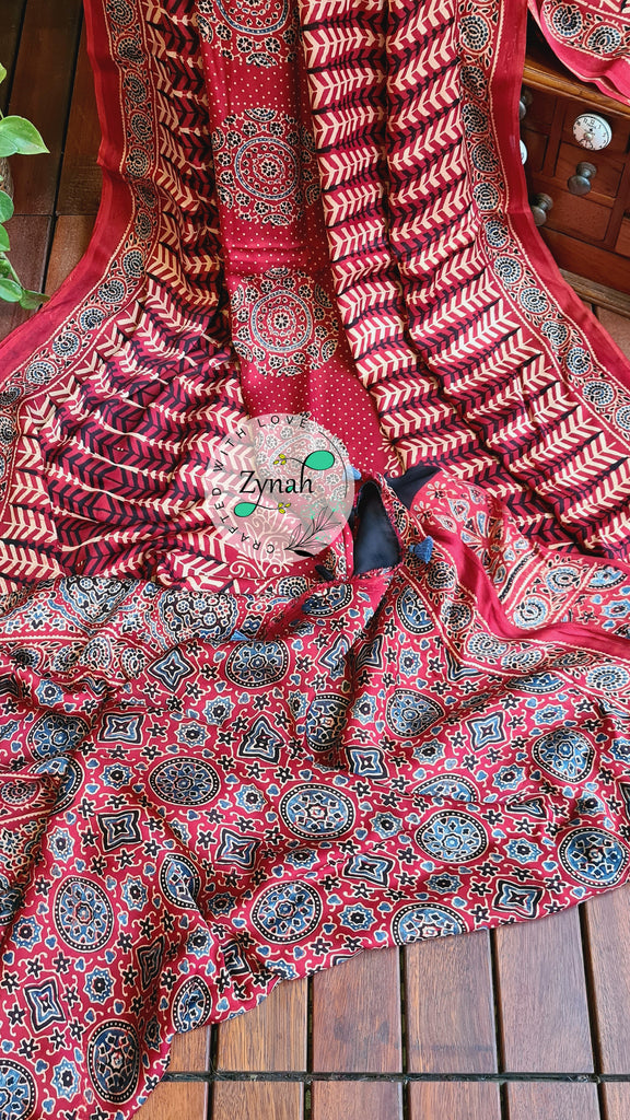 Zynah Pure Modal Silk Ajrakh Saree with Handblock Prints; Custom Stitched/Ready-made Blouse, Fall, Petticoat; Shipping available USA, Worldwide