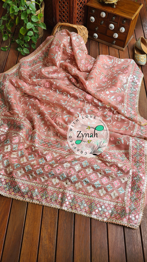 Zynah Pure Organza Silk Saree with Gotapatti Lace, Foil & Thread Embroidery Work; Custom Stitched/Ready-made Blouse, Fall, Petticoat; Shipping available USA, Worldwide