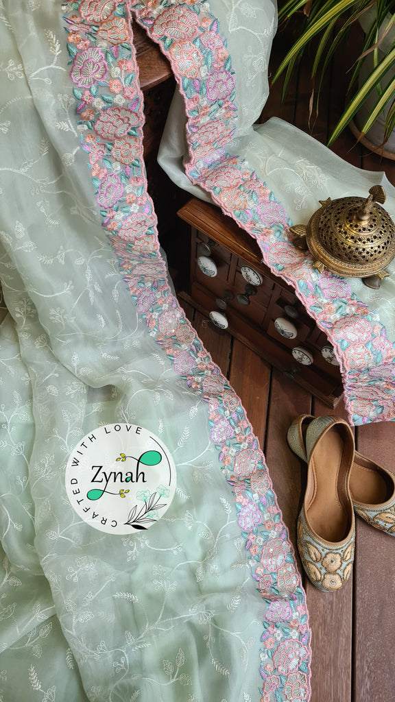 Zynah Pure Organza Silk Saree with Scalloped Border, Thread Embroidery & Sequence Work; Custom Stitched/Ready-made Blouse, Fall, Petticoat; Shipping available USA, Worldwide