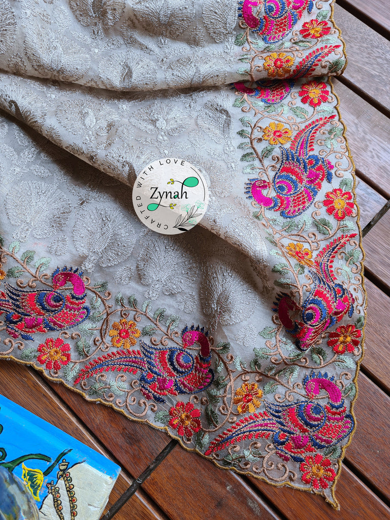 Zynah Designer Pure Kora Silk Saree with Scalloped Border & Thread Embroidery; Custom Stitched/Ready-made Blouse, Fall, Petticoat; Shipping available USA, Worldwide