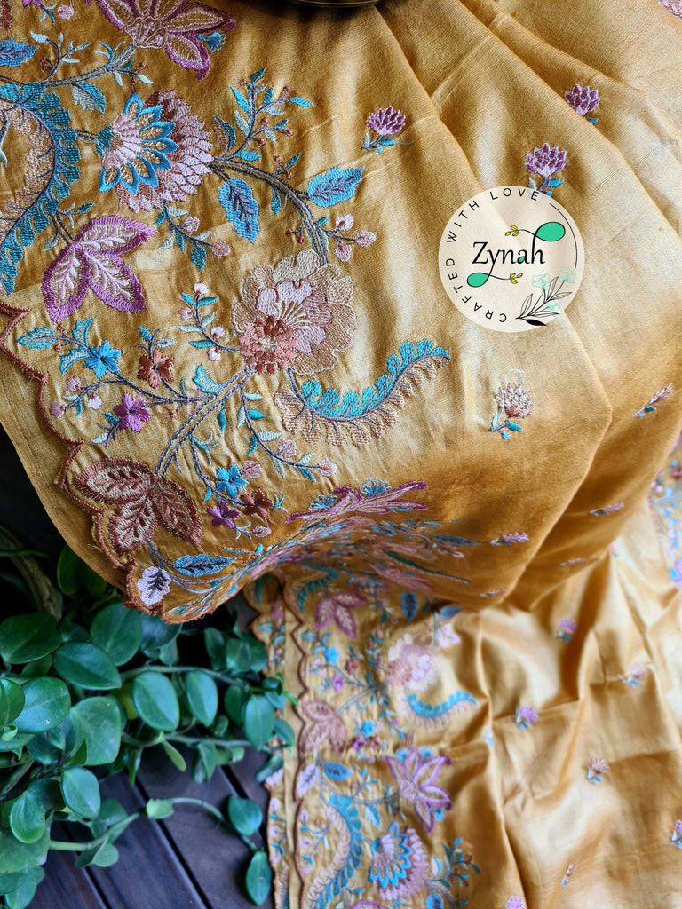 Zynah Pure Tussar Silk Embroidered Saree with Scalloped Border & 2 blouse pieces; Custom Stitched/Ready-made Blouse, Fall, Petticoat; Shipping available USA, Worldwide