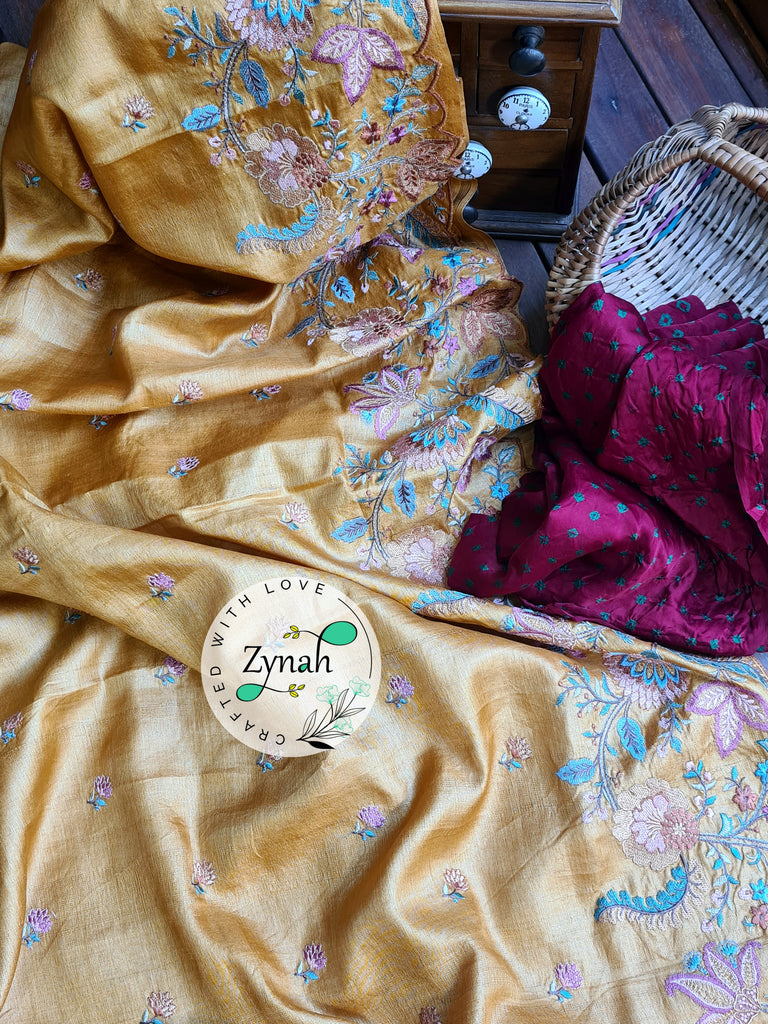 Zynah Pure Tussar Silk Embroidered Saree with Scalloped Border & 2 blouse pieces; Custom Stitched/Ready-made Blouse, Fall, Petticoat; Shipping available USA, Worldwide