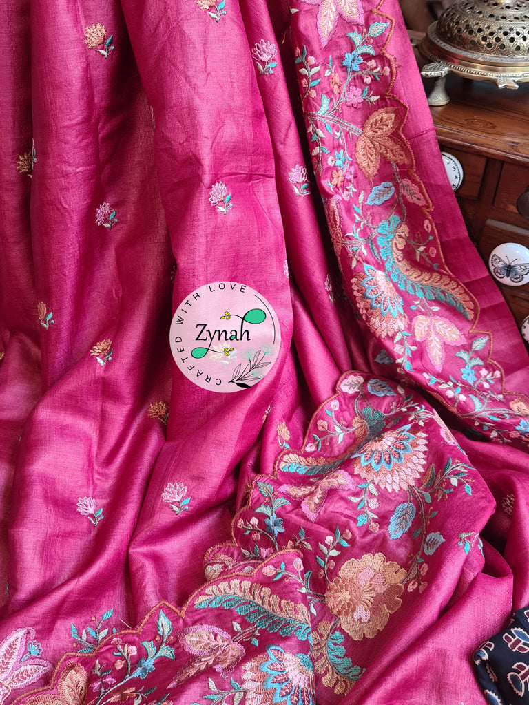 Zynah Pure Tussar Silk Embroidered Saree with Scalloped Border & 2 blouse pieces; Custom Stitched/Ready-made Blouse, Fall, Petticoat; Shipping available USA, Worldwide