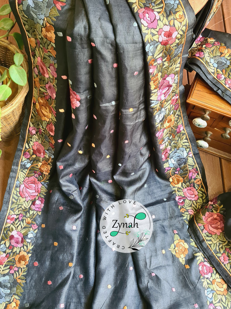 Zynah Made to Order Pure Tussar Silk Parsi Gara Handcrafted Saree; Custom Stitched/Ready-made Blouse, Fall, Petticoat; Shipping available USA, Worldwide