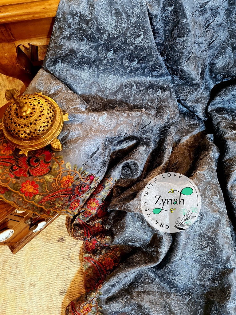 Zynah Designer Pure Kora Silk Saree with Scalloped Border & Thread Embroidery; Custom Stitched/Ready-made Blouse, Fall, Petticoat; Shipping available USA, Worldwide