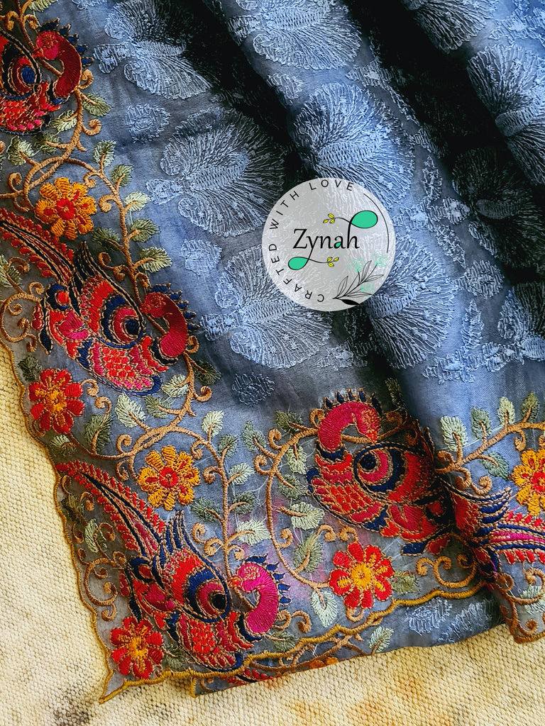 Zynah Designer Pure Kora Silk Saree with Scalloped Border & Thread Embroidery; Custom Stitched/Ready-made Blouse, Fall, Petticoat; Shipping available USA, Worldwide