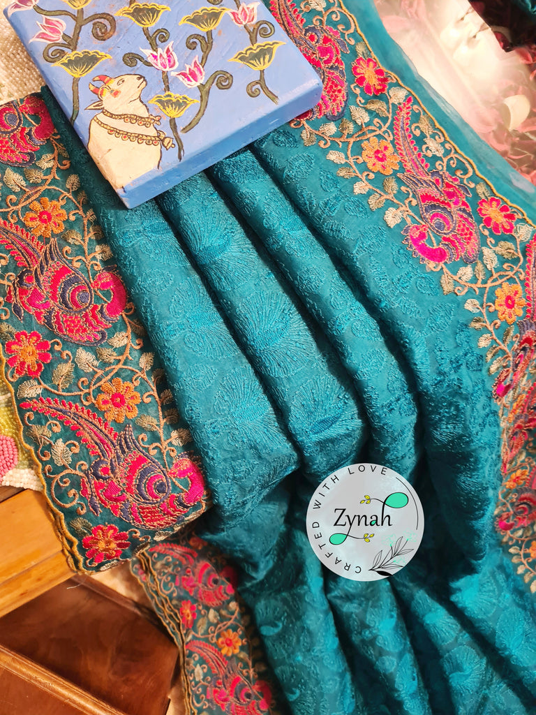 Zynah Designer Pure Kora Silk Saree with Scalloped Border & Thread Embroidery; Custom Stitched/Ready-made Blouse, Fall, Petticoat; Shipping available USA, Worldwide