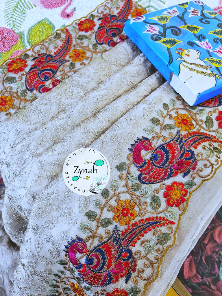 Zynah Designer Pure Kora Silk Saree with Scalloped Border & Thread Embroidery; Custom Stitched/Ready-made Blouse, Fall, Petticoat; Shipping available USA, Worldwide