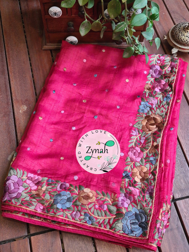 Zynah Made to Order Pure Tussar Silk Parsi Gara Handcrafted Saree; Custom Stitched/Ready-made Blouse, Fall, Petticoat; Shipping available USA, Worldwide