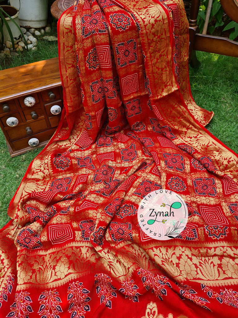 Zynah Pure Munga Silk Saree with Ajrakh Prints & Gharchola Zari Weave; Custom Stitched/Ready-made Blouse, Fall, Petticoat; Shipping available USA, Worldwide