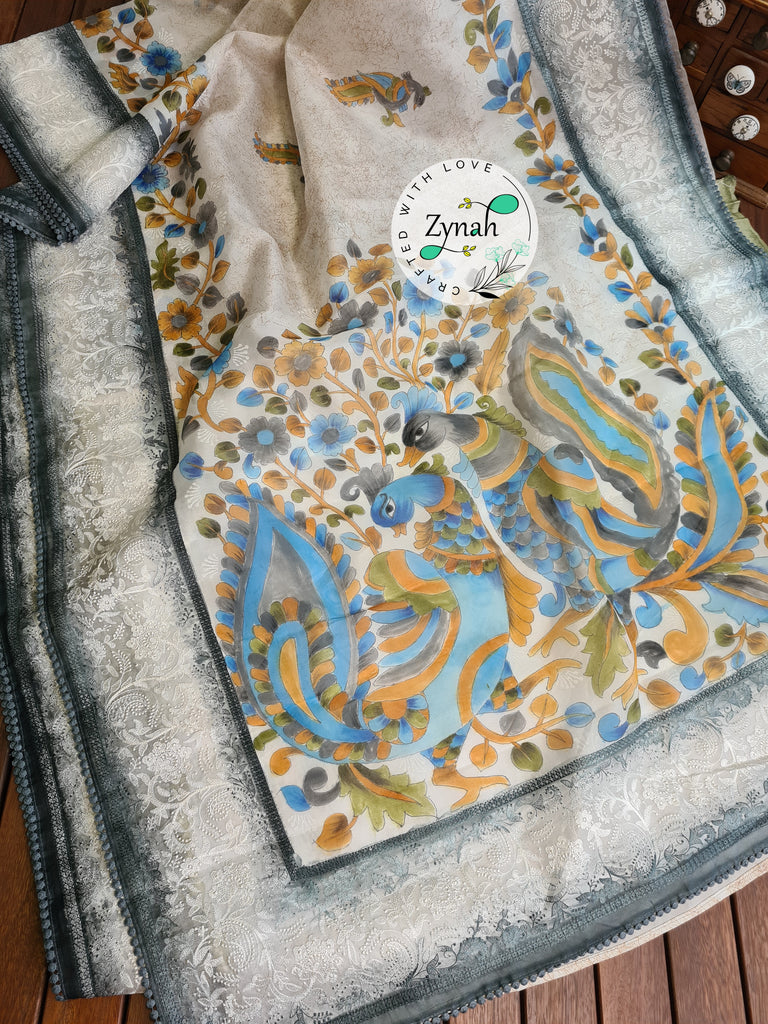Zynah Premium Quality Pure Kora Silk Saree with Hand-painted Kalamkari Designs, Chikankari Embroidery; Custom Stitched/Ready-made Blouse, Fall, Petticoat; Shipping available USA, Worldwide