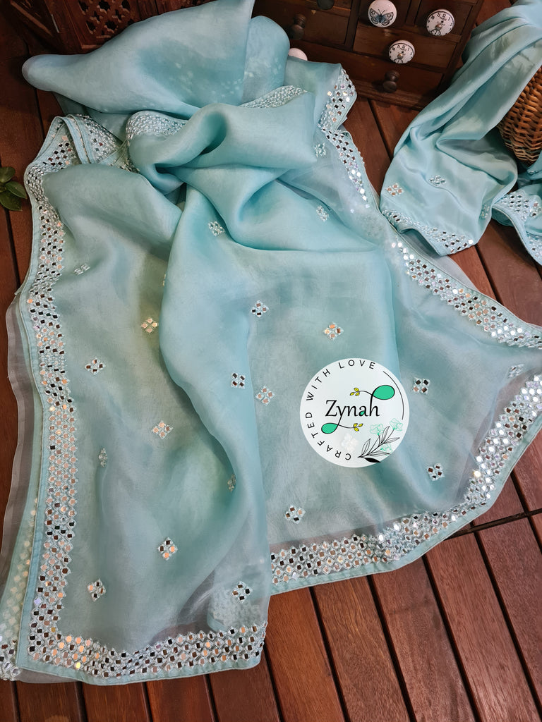 Zynah Pure Organza Silk Saree with Mirror Kutchi Work; Custom Stitched/Ready-made Blouse, Fall, Petticoat; Shipping available USA, Worldwide