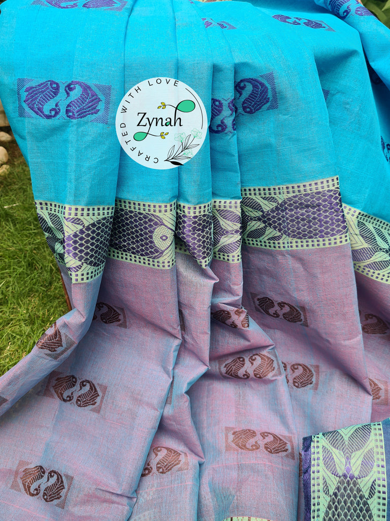Zynah Blue Color Pure Handspun Cotton Saree with Zari Weave Border; Custom Stitched/Ready-made Blouse, Fall, Petticoat; Shipping available USA, Worldwide