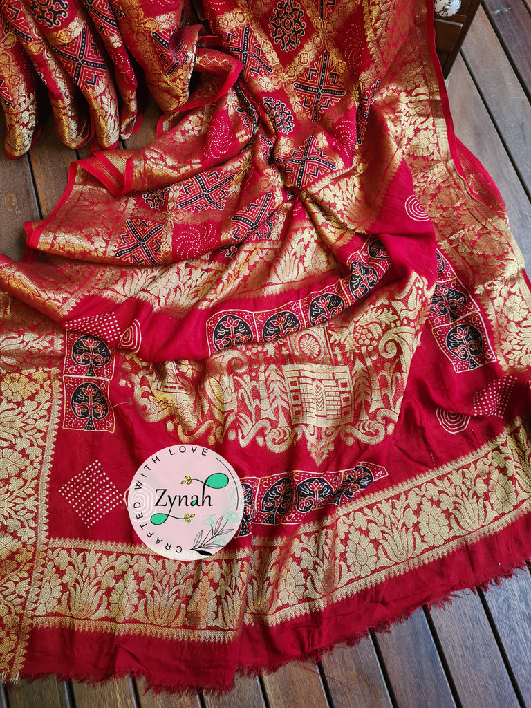 Zynah Pure Munga Silk Saree with Ajrakh Prints & Gharchola Zari Weave; Custom Stitched/Ready-made Blouse, Fall, Petticoat; Shipping available USA, Worldwide