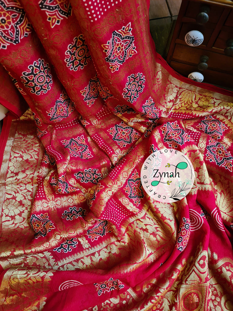 Zynah Pure Munga Silk Saree with Ajrakh Prints & Gharchola Zari Weave; Custom Stitched/Ready-made Blouse, Fall, Petticoat; Shipping available USA, Worldwide