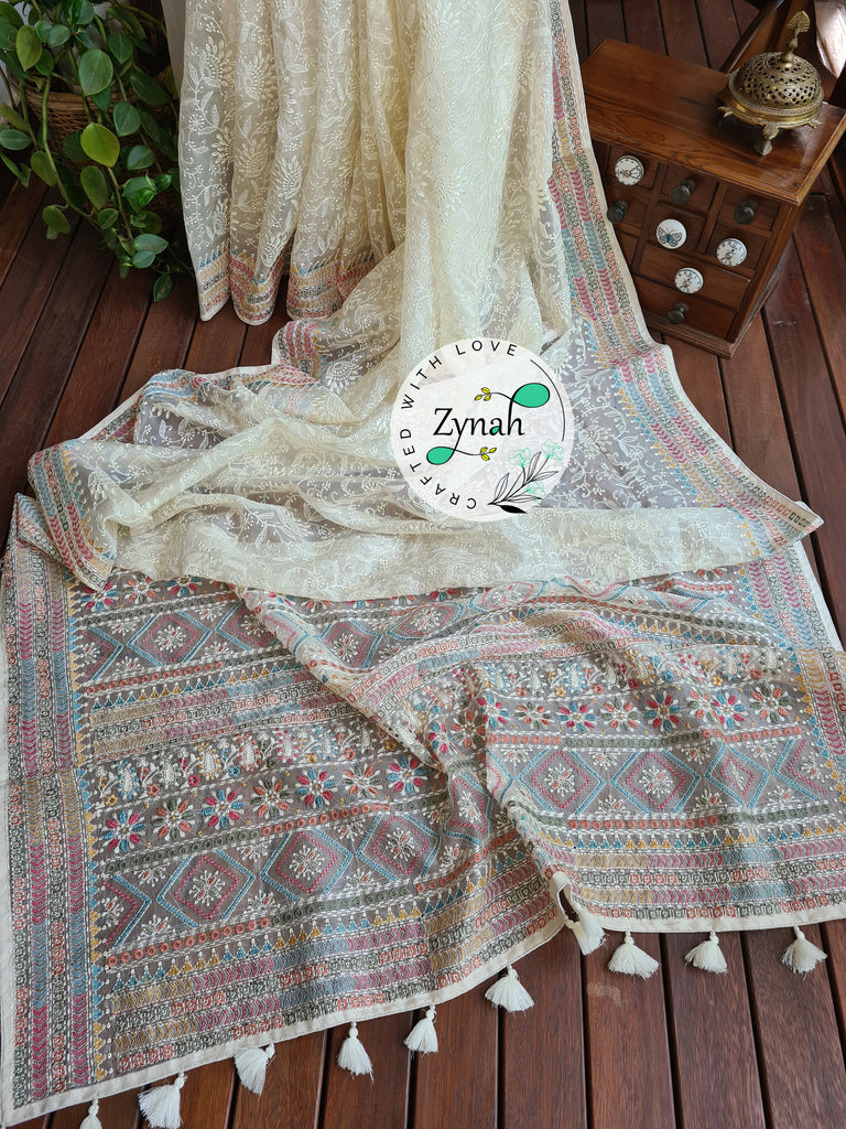 Zynah Off-white Color Pure Organza Silk Saree with Kantha Style Embroidery; Custom Stitched/Ready-made Blouse, Fall, Petticoat; Shipping available USA, Worldwide