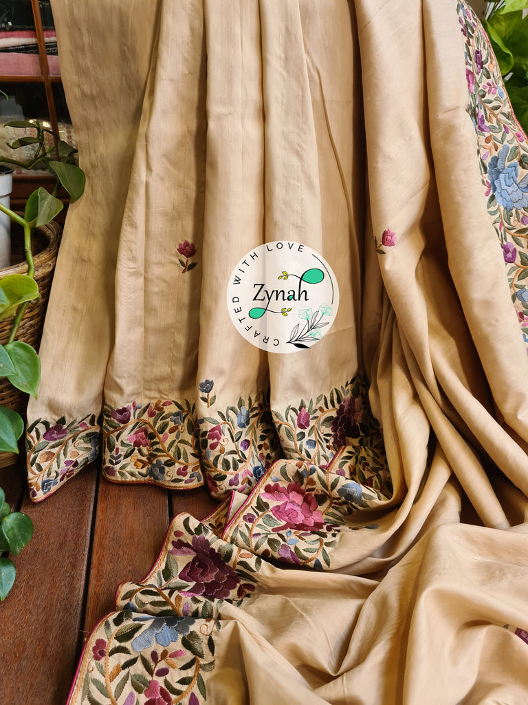 Zynah Beige Color Pure Tussar Silk Parsi Gara Handcrafted Saree; Custom Stitched/Ready-made Blouse, Fall, Petticoat; Shipping available USA, Worldwide