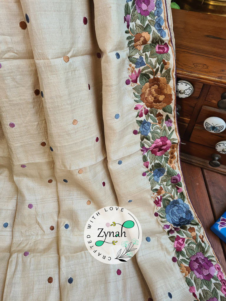 Zynah Off-white Color Made to Order Pure Tussar Silk Parsi Gara Handcrafted Saree; Custom Stitched/Ready-made Blouse, Fall, Petticoat; Shipping available USA, Worldwide