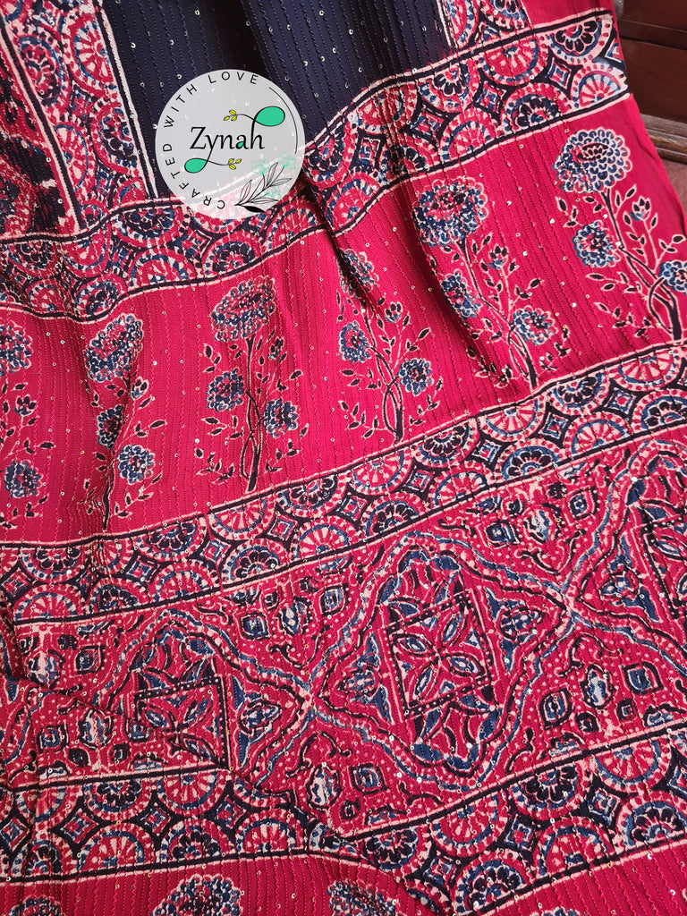 Zynah Black & Red Color Pure Georgette Sequence Work Saree with Ajrakh Handblock Prints; Custom Stitched/Ready-made Blouse, Fall, Petticoat; Shipping available USA, Worldwide