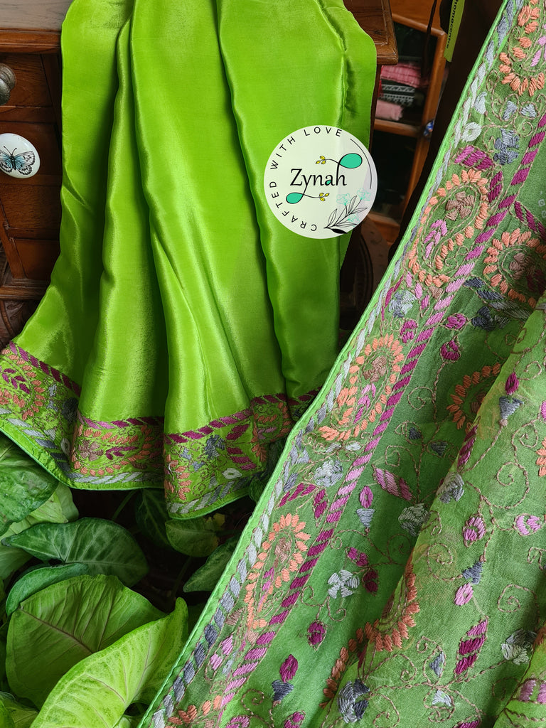 Zynah Light Green Color Pure Organza Silk Saree with Bandhani Prints & Kantha Embroidery; Custom Stitched/Ready-made Blouse, Fall, Petticoat; Shipping available USA, Worldwide